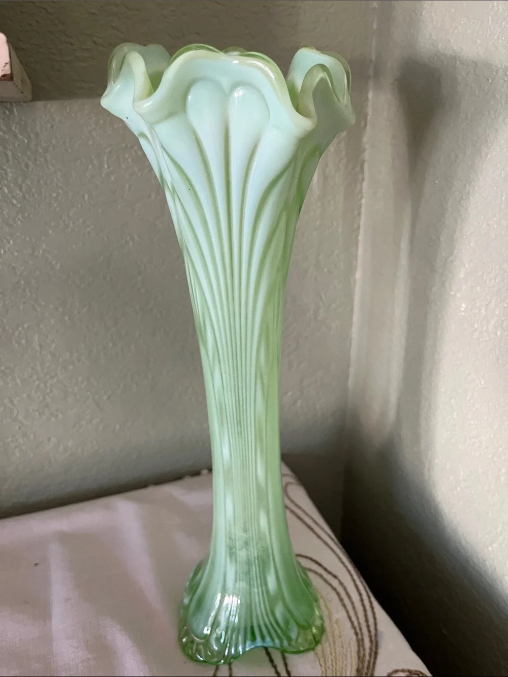 Antique Jefferson Green Opalescent Vase “Tokyo” Pattern, Seafoam Glass, 3-Footed